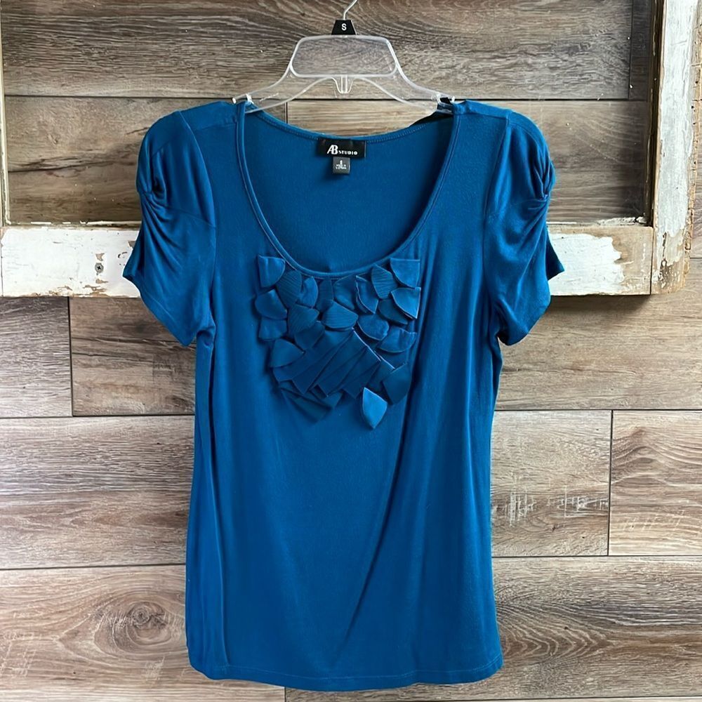 AB Studio Ladies Short Sleeve Scoop Neck Top, Size Small, Dark Teal